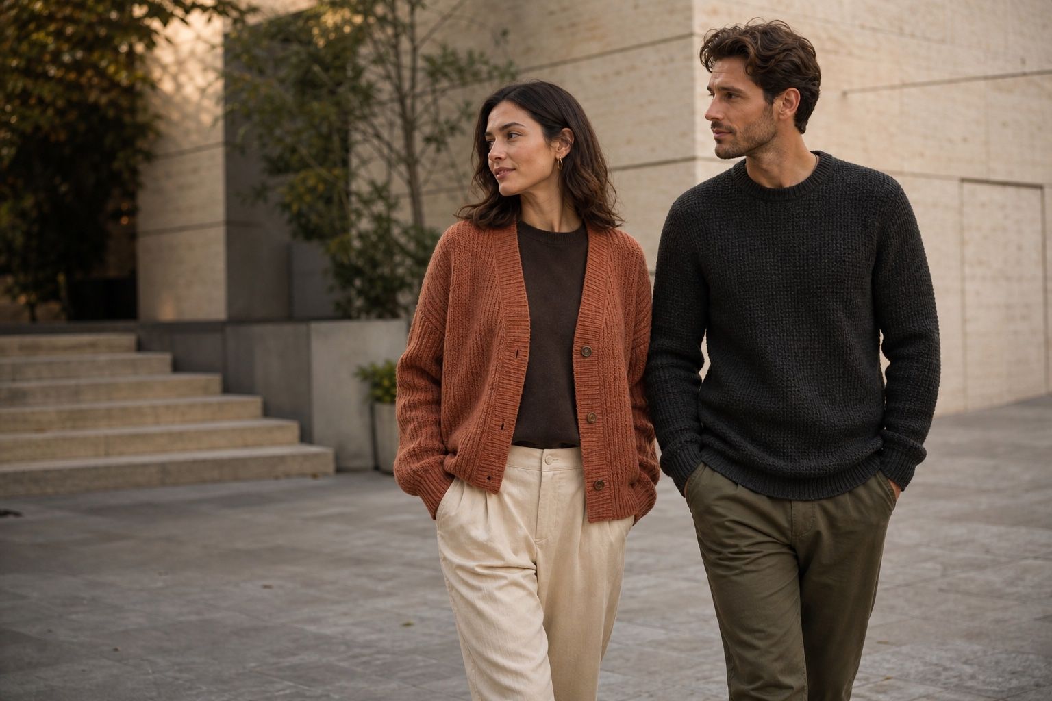 Two people walking through a stone courtyard in textured Vista knitwear