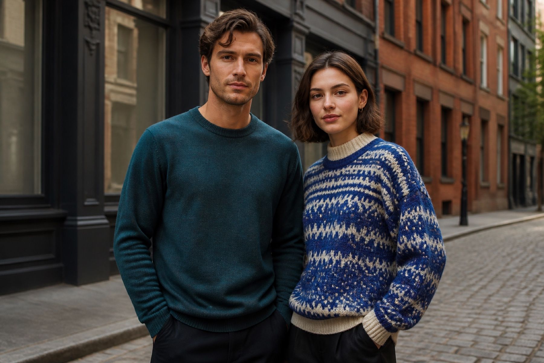 Two people wearing Vista knitwear on a city street